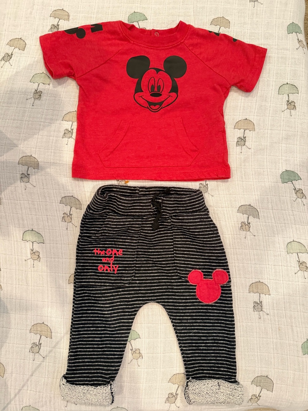 Mickey Mouse Red Top & Black Striped Pants Set Disney 0-3 months
